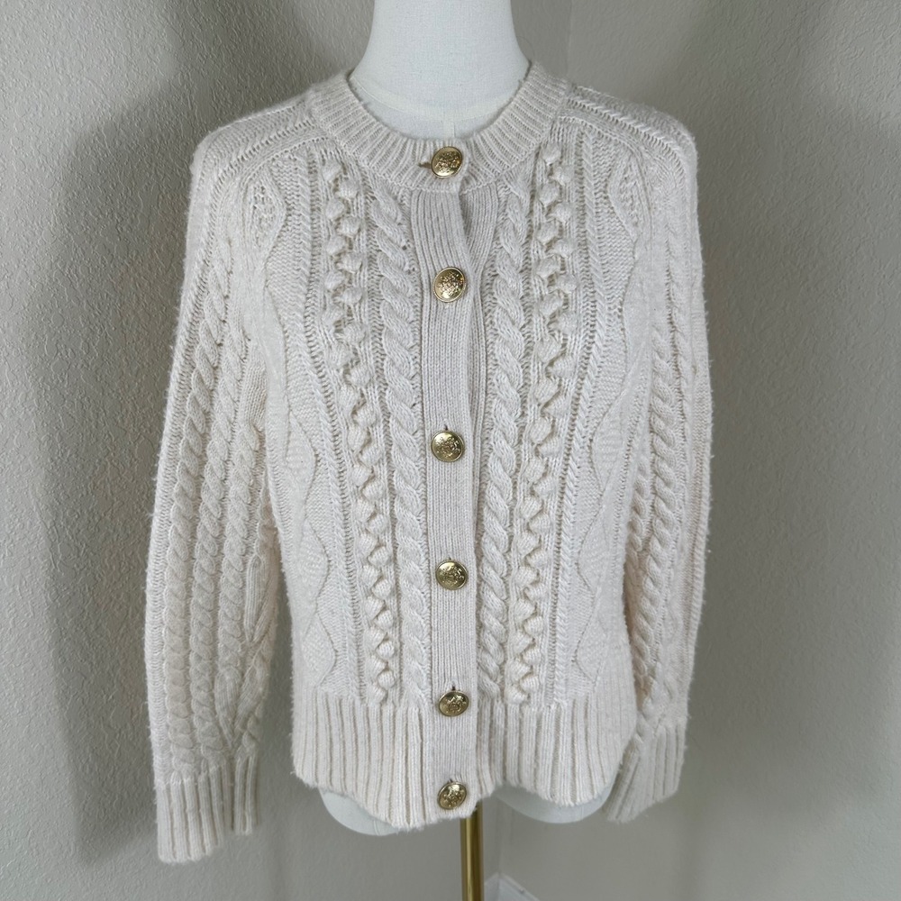 J.Crew Cardigan Women S‎ Cream Cable Knit Gold Button Preppy Fisherman Old Money